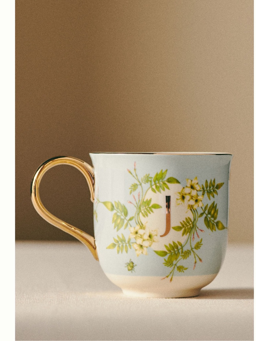 Anthropologie Monogram Mug Letter J New Lou Rota Nature Table Ivory Blue Gold